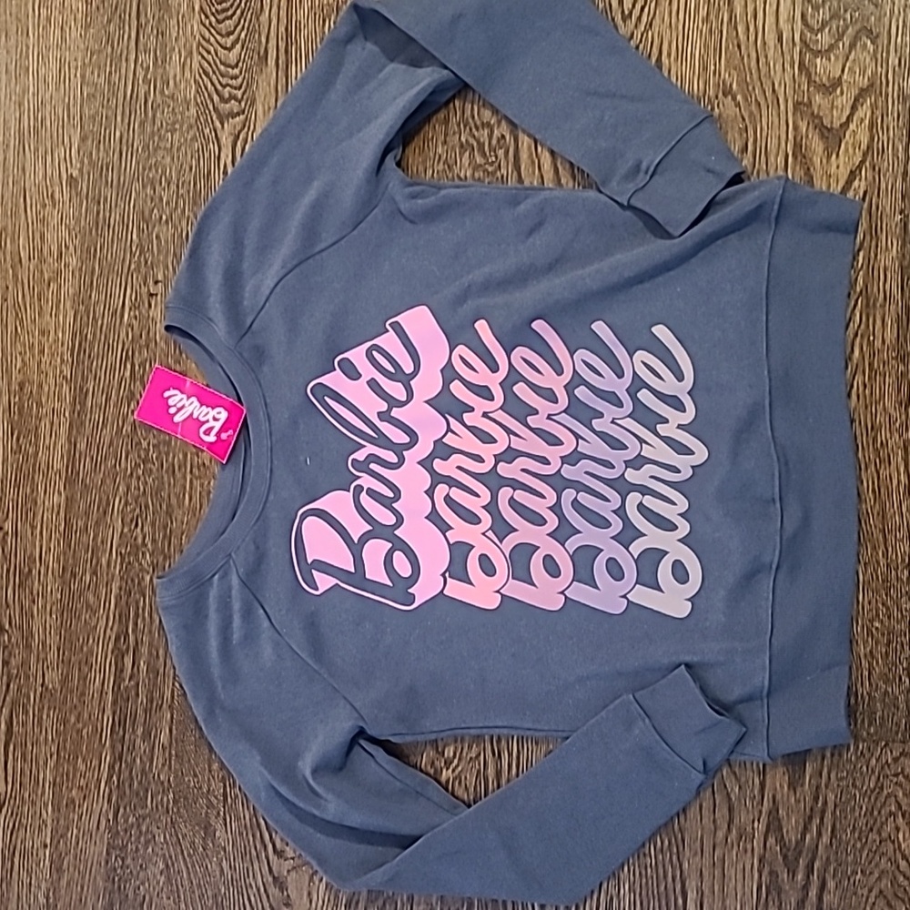 Barbie logo sweatshirt, gray and pink, crewneck, small - so cute!!! Soft, NWT